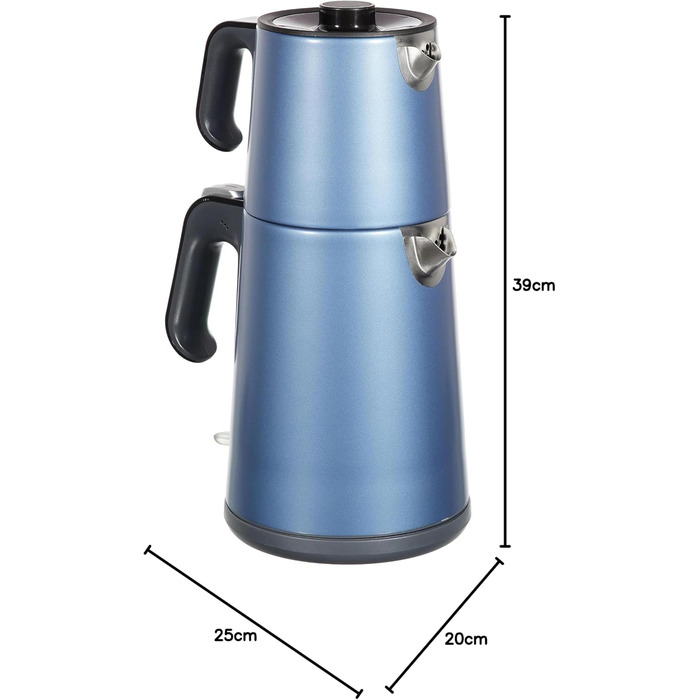 Арзум Ehlikeyf - електрочайник та турка для приготування турецького чаю, 2200W, 3,5л, 1,2л, нержавіюча сталь, регулювання температури, захист від сухого кип'яття, блакитний