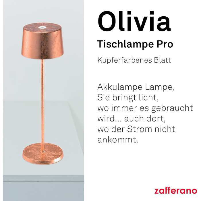 Zafferano Olivia Pro - портативна та перезаряджувана настільна лампа з торканням, для вітальні та вулиці, регулювання яскравості, 2700-3000K, висота 35 см (мідно-латунний лист)