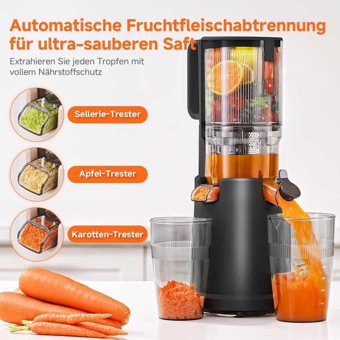 AOBOSI Повільнодіючий соковитискач з великою завантажувальною воронкою 135 мм, 200 Вт, холодний віджим, зворотний хід, потрійний фільтр, BPA-free, тихий, для свіжих соків з фруктів та овочів, чорний