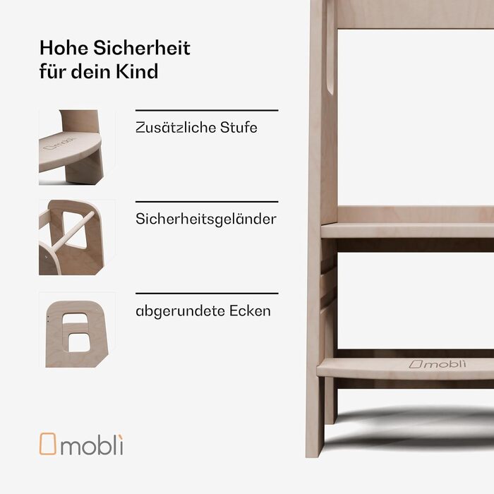 Стілець-лесенка Montessori Mobli для малюків: регульовані сходинки для незалежності та безпеки. Білий (шпон, дерев'яний малюнок)