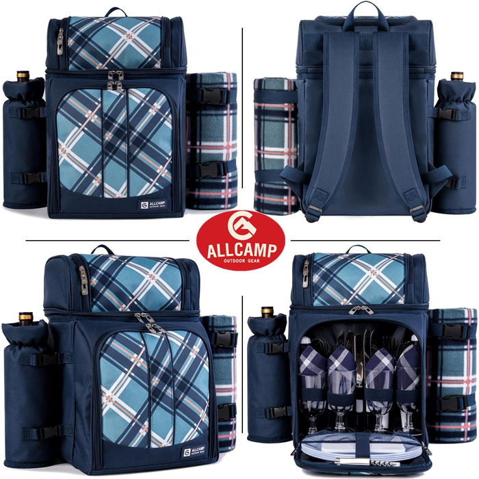 Набір для пікніка ALLCAMP Outdoor Gear на 4 особи, блакитний: рюкзак, деки, посуд, тримач для пляшок/вина