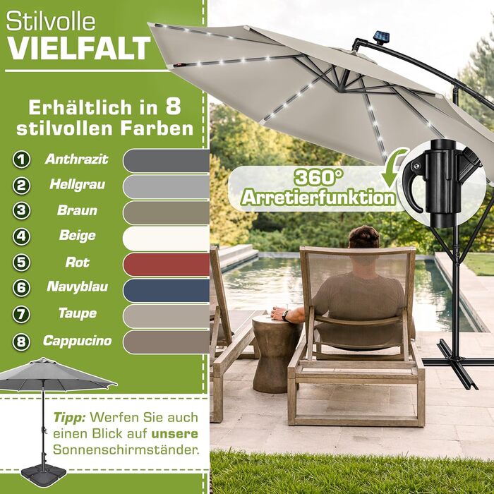 Садова парасолька Tillvex Alu Ampelschirm з LED-освітленням на сонячній батареї, 350 см, колір тауп — Алюмінієвий зонт від сонця з рукояткою, захистом від UV та вітру, включаючи чохол та стійку
