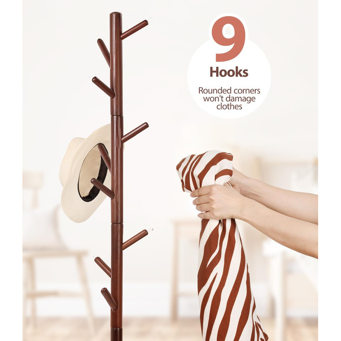 Дерев'яний вішак для одягу з буку, 9 гачків, 3 положення по висоті, для одягу, шапок, шарфів, сумок (білий/коричневий)