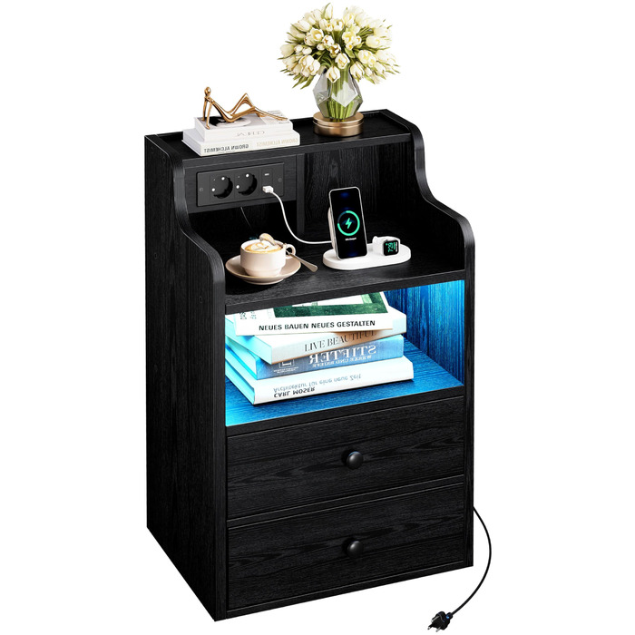 Нічний столик IRONCK з LED-підсвічуванням, розеткою та функцією зарядки, з ящиками, чорний