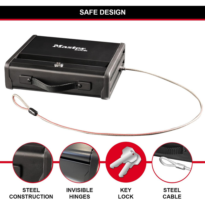 Сейф MASTER LOCK Kompakt P005CEURBLKHRO з комбінацією та кабелем (середній) для документів, прикрас та гаджетів