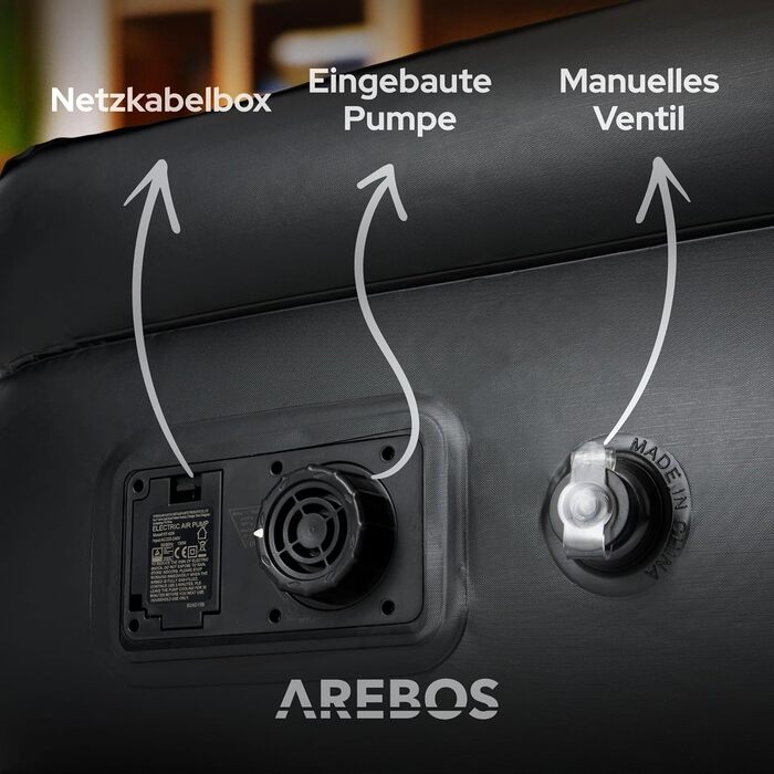 Надувний матрац Arebos самонадувний, 203x95x51 см, для 1 особи, з електричним насосом, для дому/кемпінгу, сірий/антрацитовий