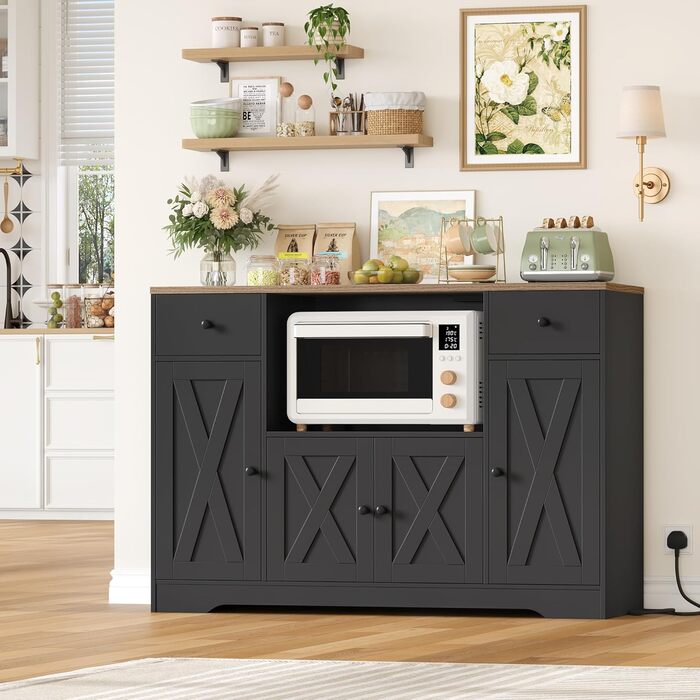 HOCSOK Комод-буфет 120 см для кухні, вітальні, їдальні. Шафа з розеткою, полицями та місцем для мікрохвильовки. 120×85×40 см, білий (чорний)