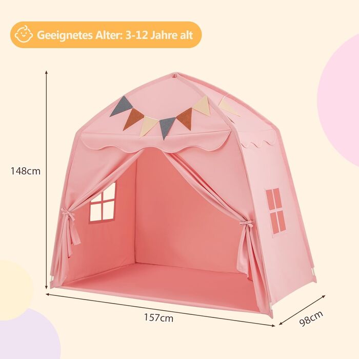 Дитяче намет-ліжко Dreamade 2-в-1 з гірляндою та прапорами, рожевий. Ігровий намет для дітей від 3 років, ігровий будиночок для дитячої кімнати