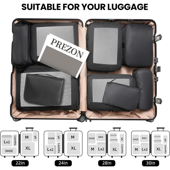 Набір органайзерів для одягу в дорогу Packing Cubes для валізи, 10 шт, легкі дорожні органайзери для подорожей, чорні
