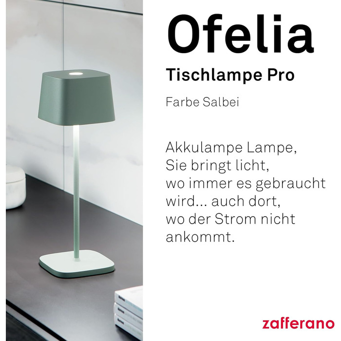 Zafferano Ofelia: Бездротова настільна лампа з торшером, сенсорне керування, для дому та саду, регулювання яскравості, 2200-3000K, 29 см, колір шалфей