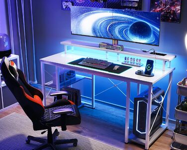 Ігровий стіл Coleshome з LED-підсвічуванням, комп'ютерний стіл з 2 розетками та 2 USB-портами, стіл для геймінгу з підставкою для монітора та місцем для зберігання, для дому та офісу (білий, 120x50 см)