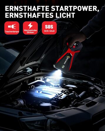 Powerbank Starthilfe 20000 mAh для автомобіля 12V з кабелями та LED-ліхтарем. Запуск авто до 7.5л бензину або 5.0л дизеля. 4-в-1 функція. Підходить для подорожей та надзвичайних ситуацій.