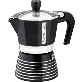 Алюмінієва кавоварка PEDRINI Infinity, Еспресо-плита кольору Moka, Розмір 2 чашки, розміри 13,5 x 9 x 15 см, італійський дизайн, силіконова прокладка для харчових продуктів (3 таза, чорний)