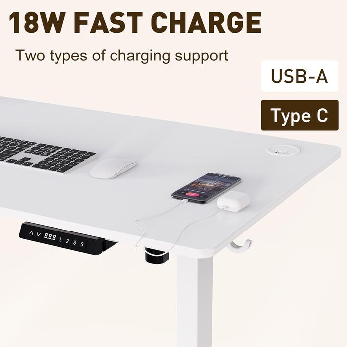 Електричний стіл 140x70 см з регулюванням висоти, USB-A/Type-C, пам’яттю і функцією повернення, висота 70–119 см