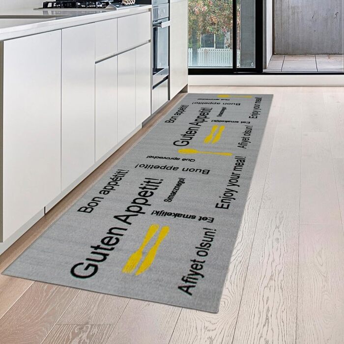 Килим Dream Kitchen Runner бежевий з гелевою підкладкою, напис коричневий (80х300 см, Grey Yellow)