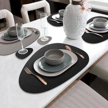 Набір з 6 серветок на стіл, миючі, з підставками, двосторонні, з імітацією шкіри, водонепроникні для обіднього столу, кухні, ресторану та дому (6 шт., чорний)