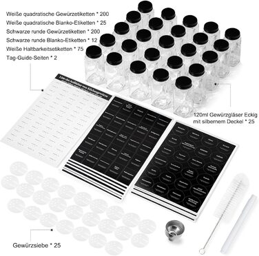 Набір баночок для спецій 25 шт. 120 мл, чорна кришка, з 512 етикетками, вставка для розбризкування, ручка, лійка та щітка