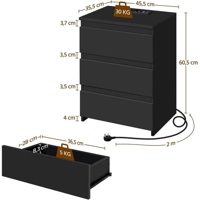 Нічний столик Yaheetech з 3 висувними ящиками, 2 розетками AC та 2 USB-портами, чорний колір. Підходить для спальні/вітальні.