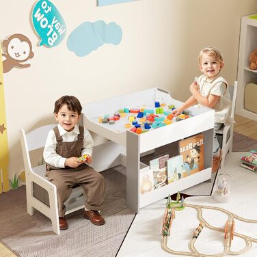 Дитячий стіл з 2 стільцями COSTWAY: дерев'яний набір 4 в 1 з регульованою стільницею, полицями та ящиками для зберігання, для дітей від 3 років (сірий)