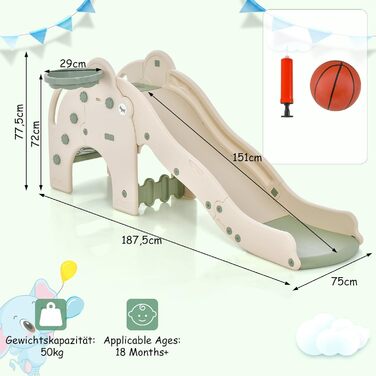 Дитяча гірка 3-в-1 DREAMADE з баскетбольним кільцем, тунелем та драбинкою для малюків від 18 місяців, для дому та саду (Зелена)