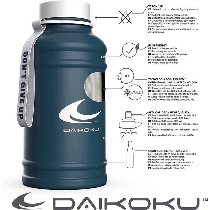 Пляшка з нержавіючої сталі Daikoku регульований ремінець карабін, термос з подвійними стінками без бісфенолу А, багаторазова пляшка для води, герметична кришка, кораловий колір, ємність 500 мл (1,3 л, Синій Xxl)