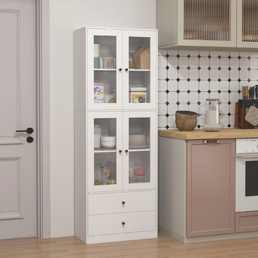 Шафа-кухонна з висувними ящиками та скляними дверцятами, з меламіновою поверхнею, білого кольору