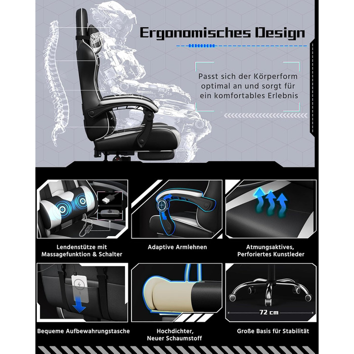 Ігровий крісло Yaheetech з масажем, комп'ютерне крісло з підніжкою, біле, регульована спинка 90-135°