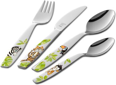 Набір дитячого посуду ZWILLING Jungle Kinderbesteck, 4 шт., з кольоровими джунглівськими мотивами, для дітей від 3 років, нержавіюча сталь 18/10