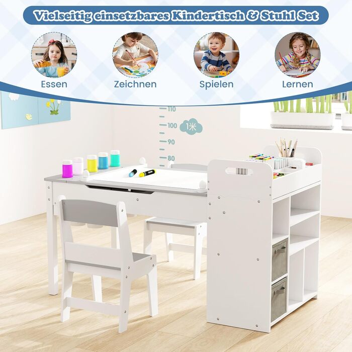 Дитячий стіл COSTWAY 3 в 1 з 2 стільцями, мольберт, органайзер, сірий (120x60x60 см)