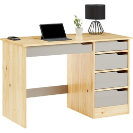 Письмовий стіл IDIMEX Hugo з масиву сосни в красивому студентському столі з 5 висувними ящиками, практичний офісний стіл з поперечиною для стійкості (натуральний/сірий)