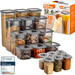 Набір контейнерів для зберігання їжі 18 шт. – з контейнером для спагеті 2,0л, 6 баночок для спецій з дозатором, кришками, що щільно закриваються, BPA-free, з 52 етикетками (12 шт.) + 6 дозаторів для спецій