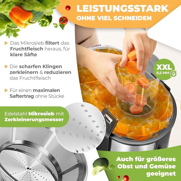 Електрична соковитискачка KESSER® Zentrifuge з нержавіючої сталі, 1100W, велика трубка для завантаження, 3 швидкості, сірий/сріблястий колір