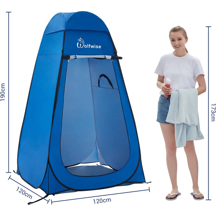 Намет для душу WolfWise з підлогою, для кемпінгу та пляжу, сріблясте покриття, UV-захист 50+, водонепроникний, з вікнами, 190 x 120 x 120 см