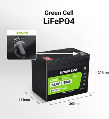 Акумуляторна батарея Green Cell LiFePO4 12 В, BMS, 10 років, для автофургону, човна, сонячної батареї, кемпінгу (60 Ач 12,8 В 768 Втгод)