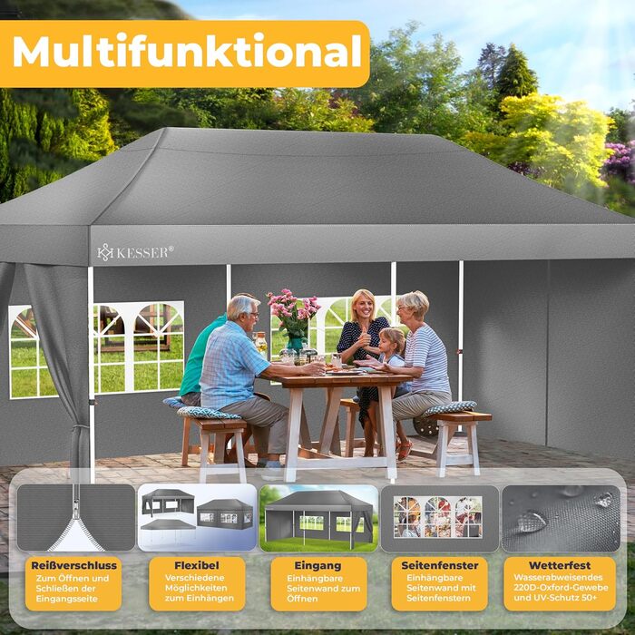 Павільйон KESSER® 6x3м з 6 знімними стінками, для саду, регульована висота, водовідштовхувальний, з сумкою, анкери, Pop-Up система, захист від UV 50+, для вечірок, антрацитовий колір