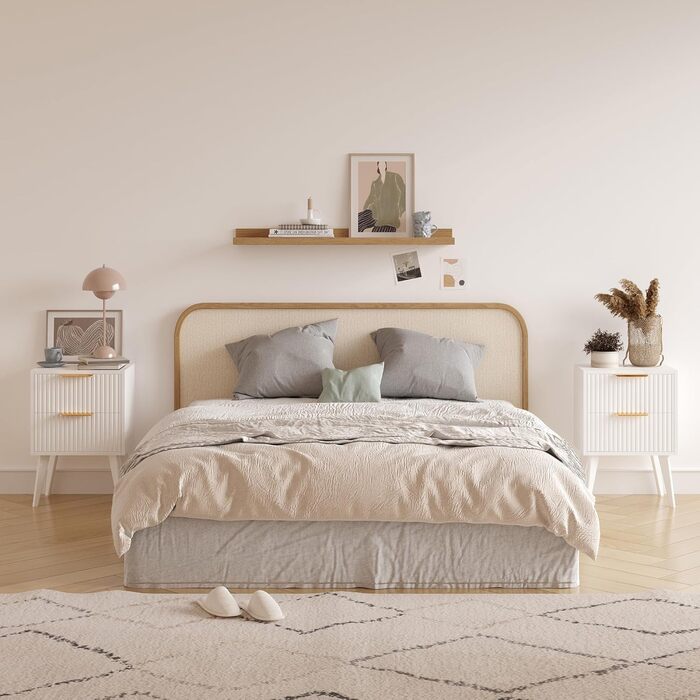 Журнальний столик з ротангу, дерев'яний приліжний столик з 2 висувними ящиками, декорованими ручною роботою з ротангу, бохо-столик, столик для вітальні/спальні з місцем для зберігання, для дому, природа, DECTG59Y (рефлений-білий)