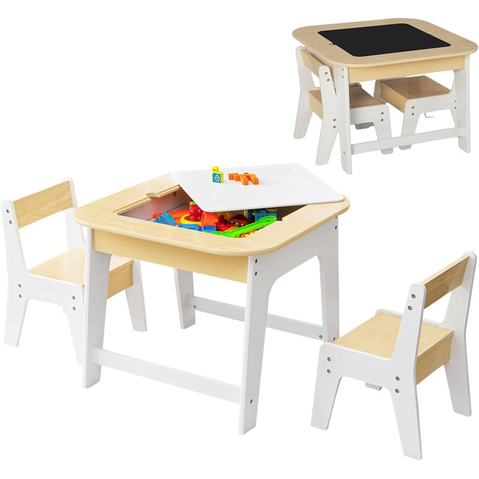 Дитячий стіл Dreamade з 2 стільцями: комплект меблів для дитячої кімнати, стіл з двосторонньою поверхнею та місцем для зберігання, для дітей від 3 років