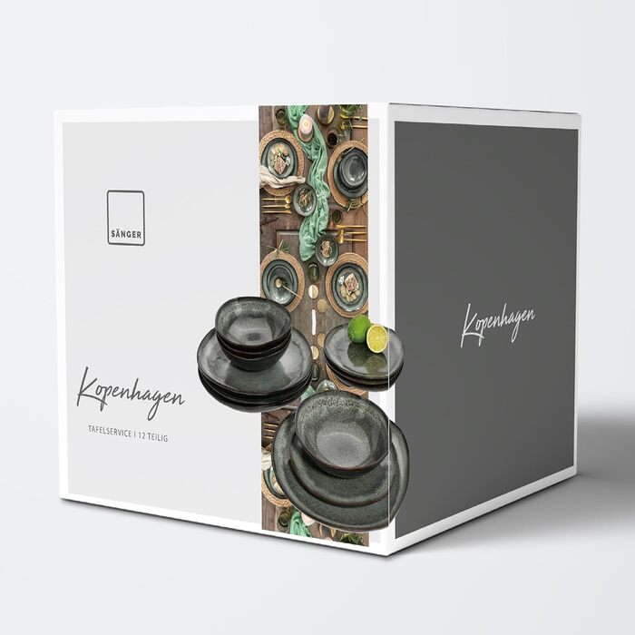 Набір посуду SÄNGER Копенгаген 12 предметів, керамічний, на 4 особи: обідні, сніданкові та глибокі тарілки, зелено-сірий, для посудомийної машини | PREMIUM COLLECTION