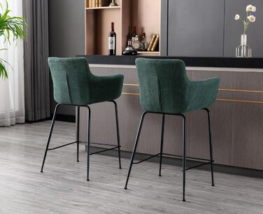 Набір з 2 барних стільців, сучасний дизайн, металеві ніжки, м'яке сидіння з фroté, вигнута спинка, для кухні, кафе, бістро, їдальні, зелений
