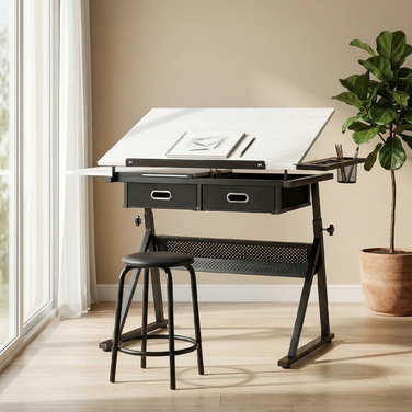 Регульований креслярський стіл з табуретом та шухлядами, білий