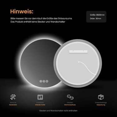 Дзеркало для ванної кімнати EMKE з підсвічуванням, діаметр 50 см, диммування, холодний білий світ, функція пам'яті, IP44, енергозбереження, 3 кольори світла + антизапарник, 60x60 см