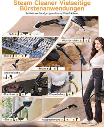 Пароочисник Gautye 3-рівневий регульований руків'я, нагрів за 10 секунд, бак 2L, 18 насадок, для кухні, ванної, підлоги, авто, вікон, чорний