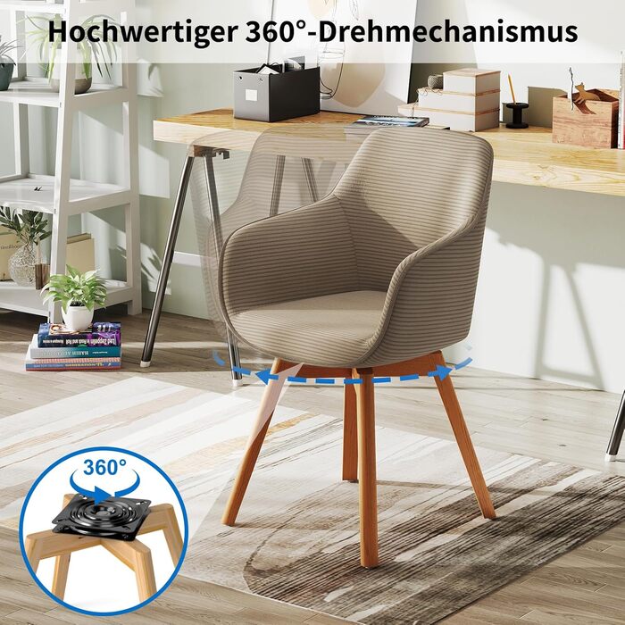 LEWE Комплект з 4 обертових стільців для їдальні з підлокітниками, 360° обертання, сучасна тканина Cord, стільці для кухні з дерев'яними ніжками та спинкою для вітальні, їдальні, спальні (Хакі, 4шт)