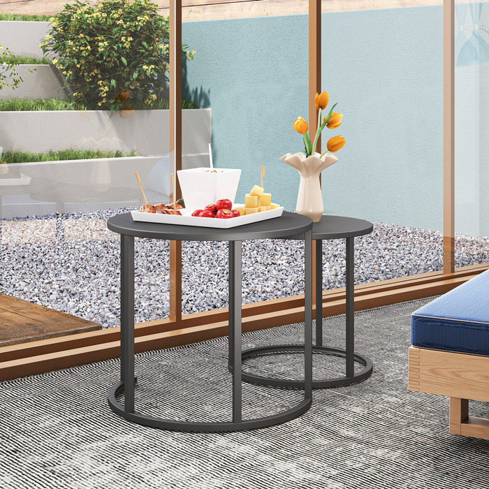 Набір з 2 столів-табуреток, розкладних, для саду/балкону, круглі, стійкі до погодних умов, зі сталі, економія місця, темно-сірий