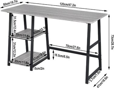 Комп'ютерний стіл Офісний стіл Робочий стіл ПК Стіл для ноутбука, з 2 полицями, виготовлений з МДФ і сталі, 120x50x73см (ШxГxВ) (Сірий), 25hei