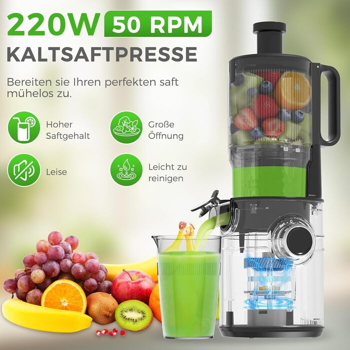 Шокер YASHE для вичавлювання соку, повільний соковичавник з широким завантажувальним отвором 12,7 см для цілих фруктів та овочів, соковичавниця з автоматичною подачею, висока вихідність соку, легко миється, чорний