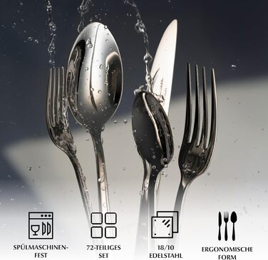 Набір столових приборів Miamio для 6 осіб (72 шт.) з нержавіючої сталі 18/10, сріблястого кольору, придатний для миття в посудомийній машині