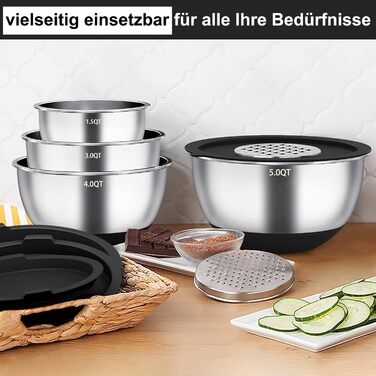 Набір мисок для перемішування (6 шт.) з нержавіючої сталі, набір салатників з кришкою та силіконовим дном, 3 насадки-тертки, об'єм 4.7л/3.8л/2.8л/1.9л/1.4л/0.6л, неслизькі та стіксові - (Чорний)