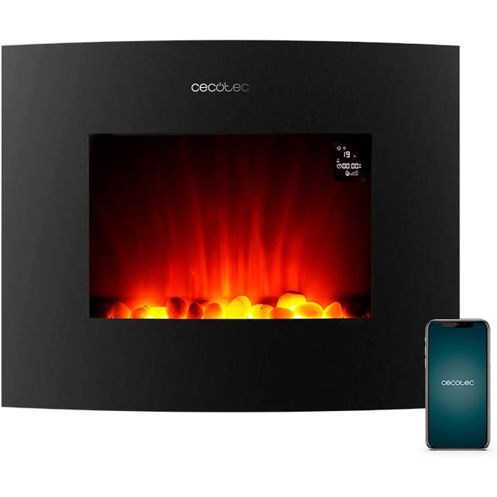 Електричний декоративний камін Cecotec ReadyWarm 2690 Flames Connected, 2000 Вт, Wi-Fi, білий, для 25 м², дистанційне керування, скляна панель