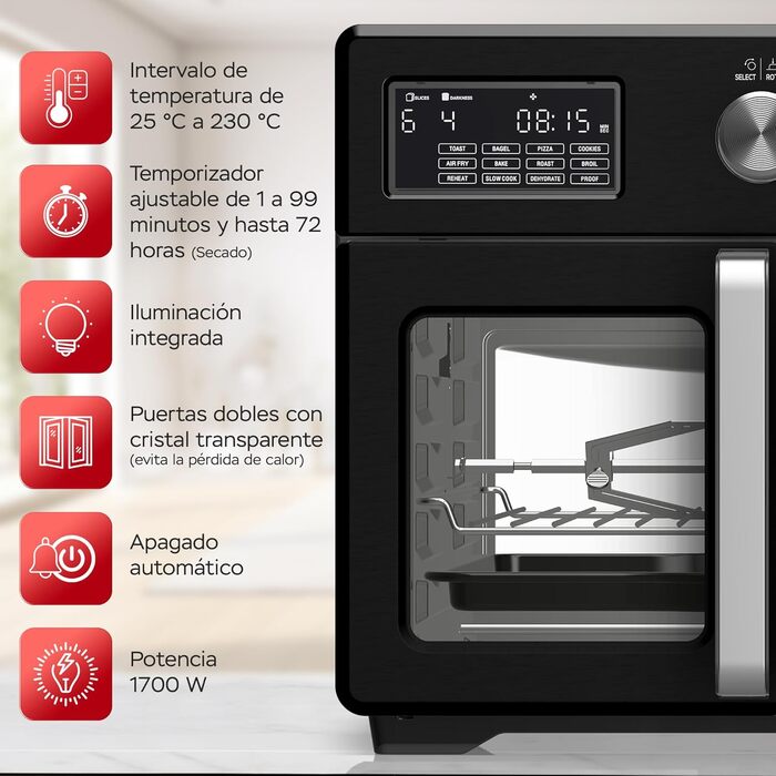 TurboTronic Міні-піч 4в1: конвекційна піч, фритюрниця, дегідратор, гриль. Об'єм 32л, з поворотним шампуром та аксесуарами. Чорний колір.